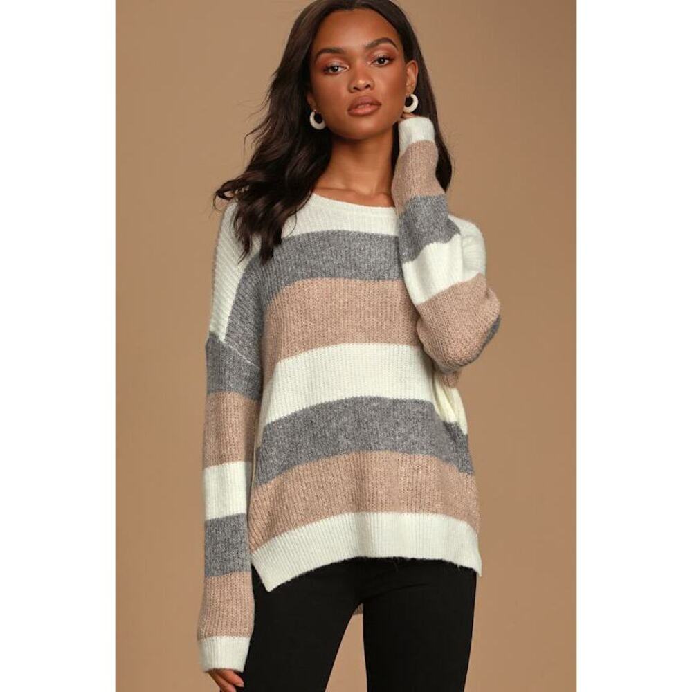 Lulus Come Get Cozy Ivory Multi Striped Knit Sweater White